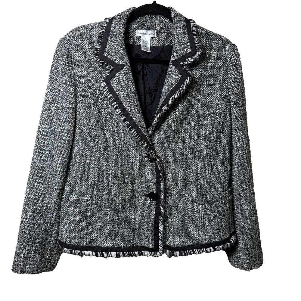 Draper's & Damon's tweed blazer jacket women's 14 Black White fringe trim career